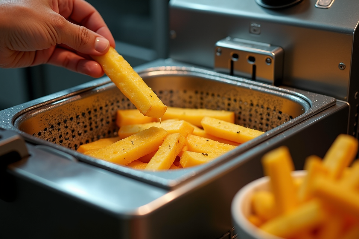 Main plaçant des bâtonnets de pommes de terre dans la friteuse Fagor