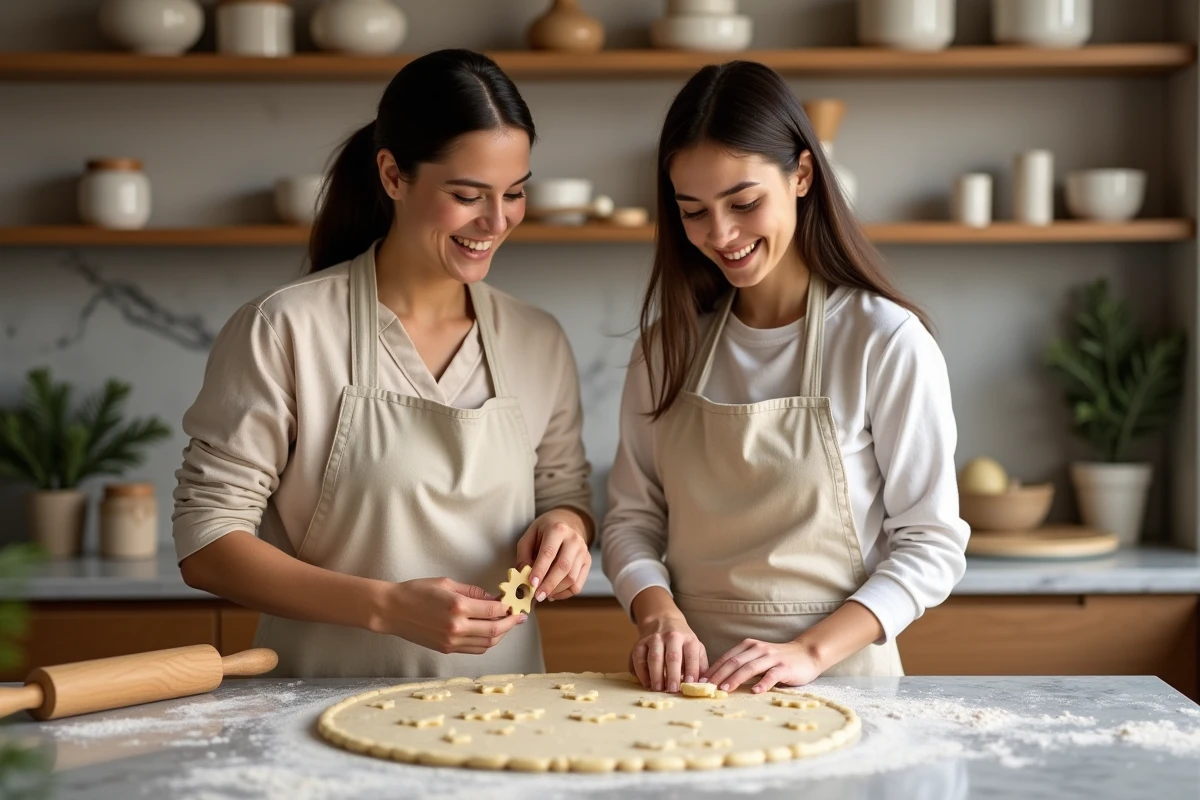 Mère et fille en tablier préparant des sablés de Noël à l'amande ensemble dans une cuisine familiale moderne