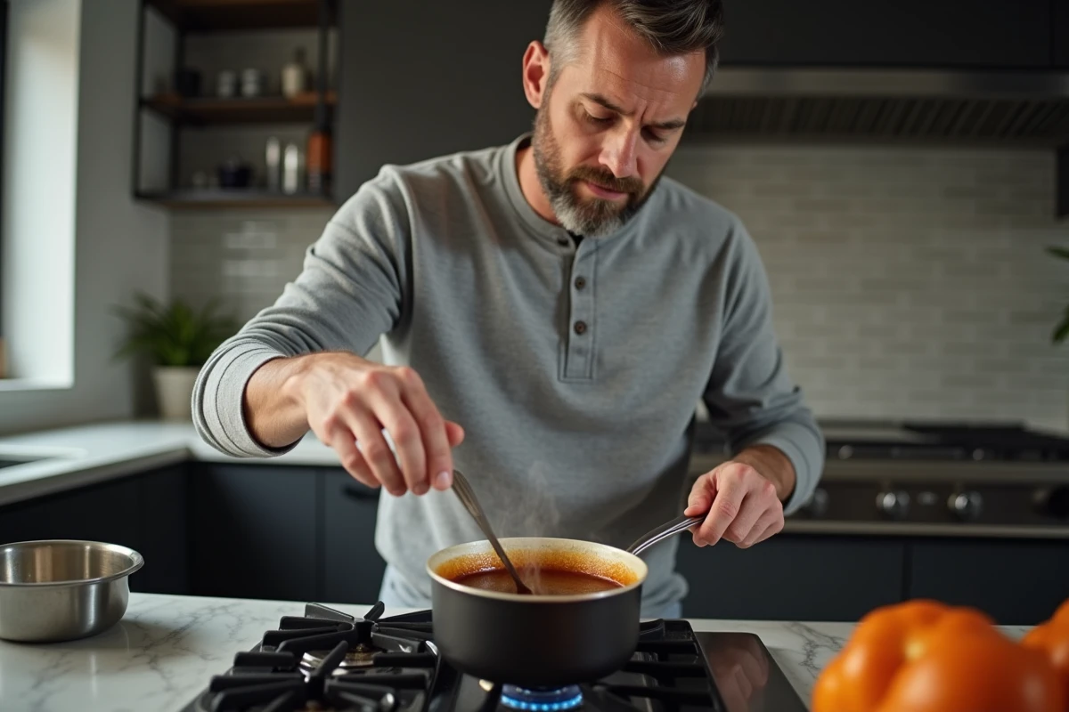 Homme préparant un sirop maison dans une casserole pour accompagner une glace artisanale