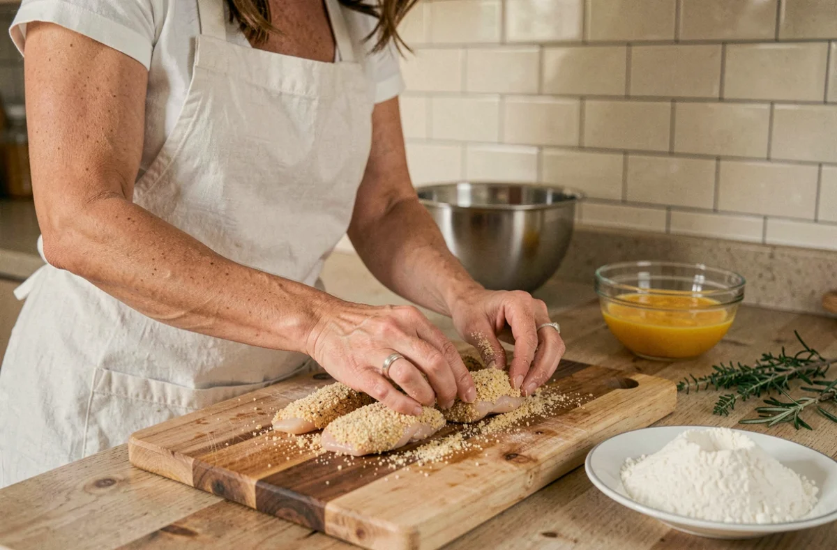 Femme préparant des tenders de poulet sans gluten en panant des lanières dans de la chapelure sans gluten dans une cuisine familiale