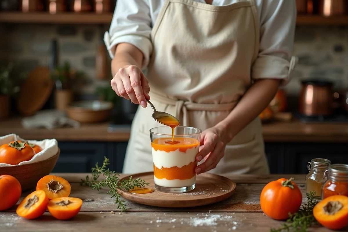 Femme préparant des verrines au kaki et ricotta dans une cuisine rustique française