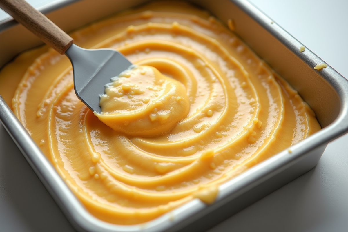 Préparation de la pâte joconde dans un moule avec spatule