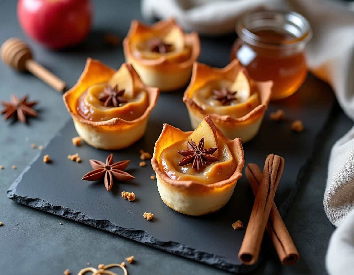 Présentation élégante de trois coupes de compote pommes cannelle en pâte phyllo sur ardoise, stylisme culinaire minimaliste