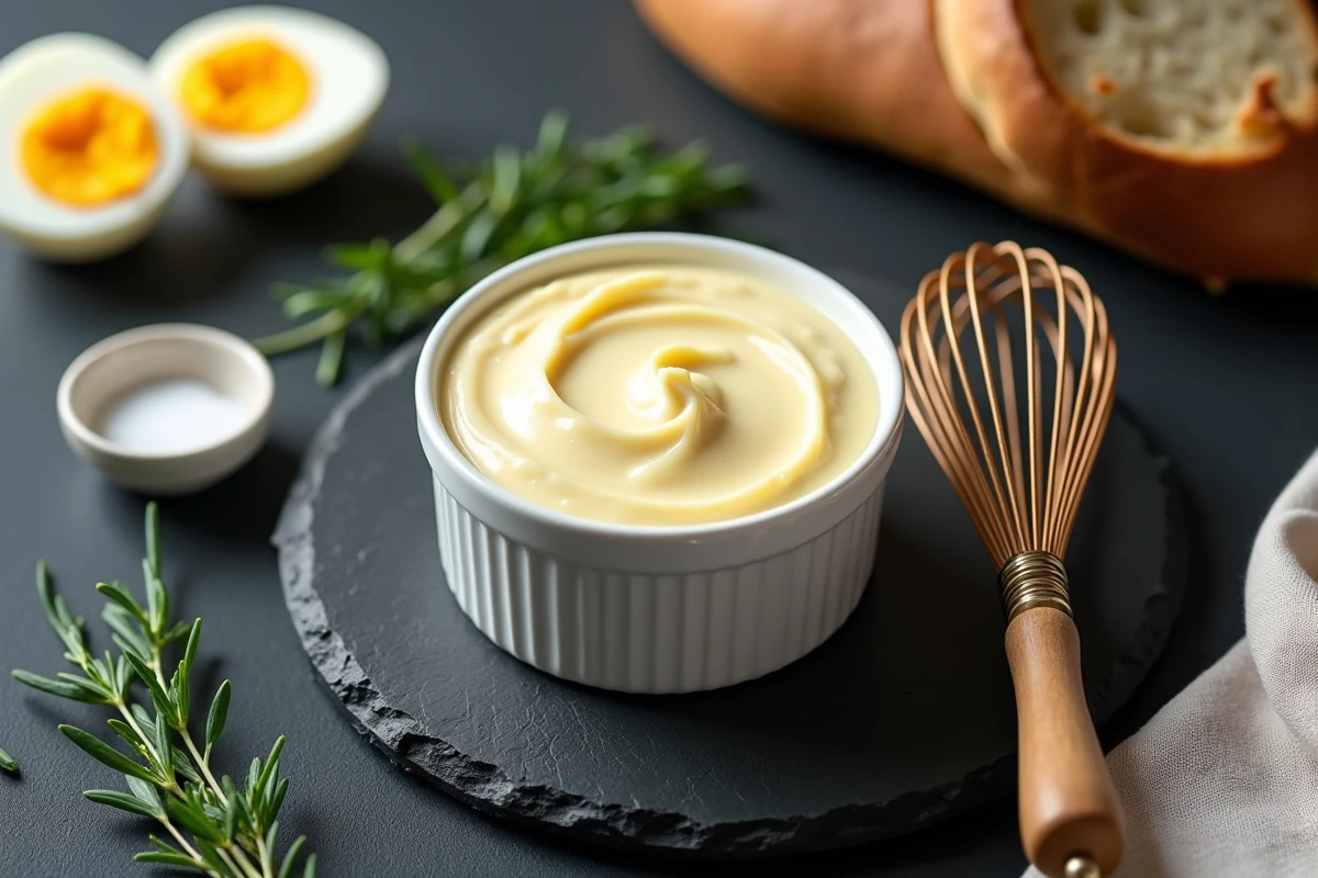 Présentation d'une mayonnaise maison dans un ramequin en porcelaine sur une planche en ardoise avec un fouet et des herbes fraîches