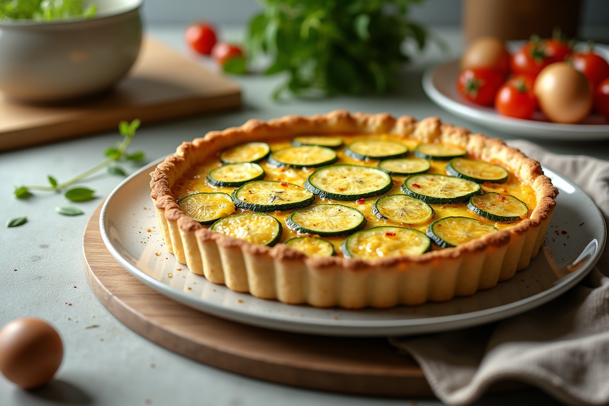 Quiche courgette entière sur assiette moderne en cuisine lumineuse