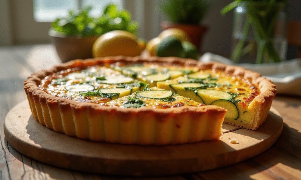 Quiche courgette fraîche sur table en bois en lumière naturelle