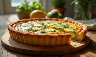 Quiche courgette fraîche sur table en bois en lumière naturelle