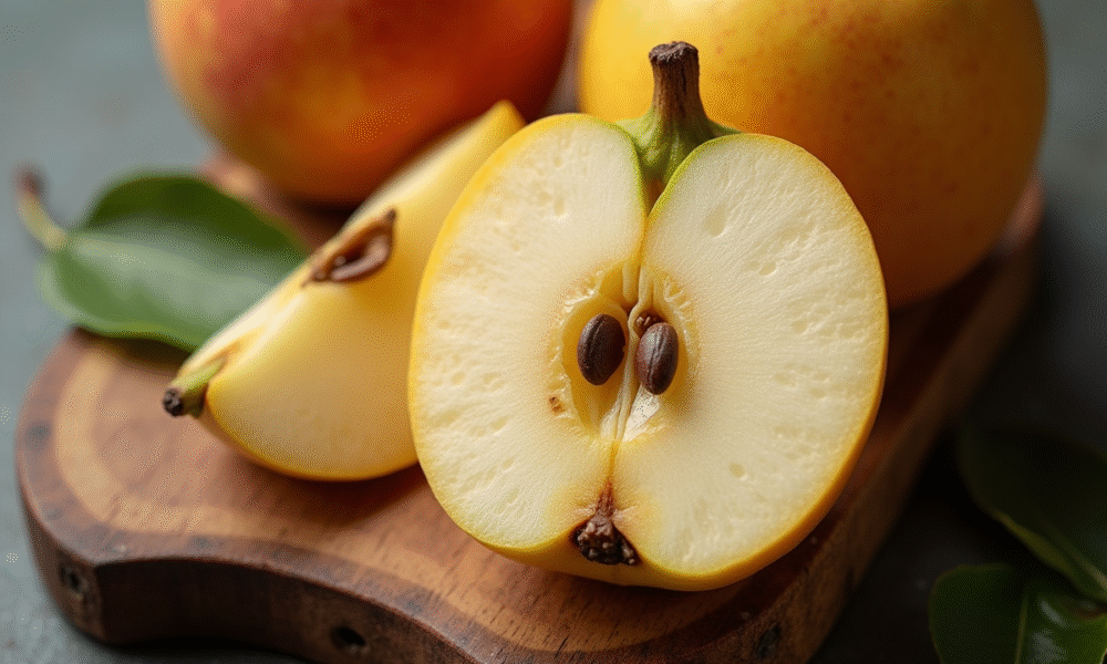 Quenette fraîche tranchée avec graines sur planche en bois