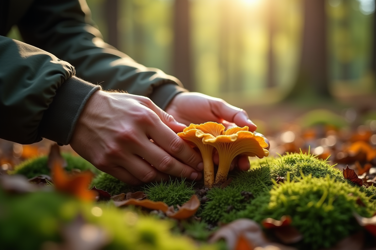Mains cueillant délicatement des chanterelles dans la forêt
