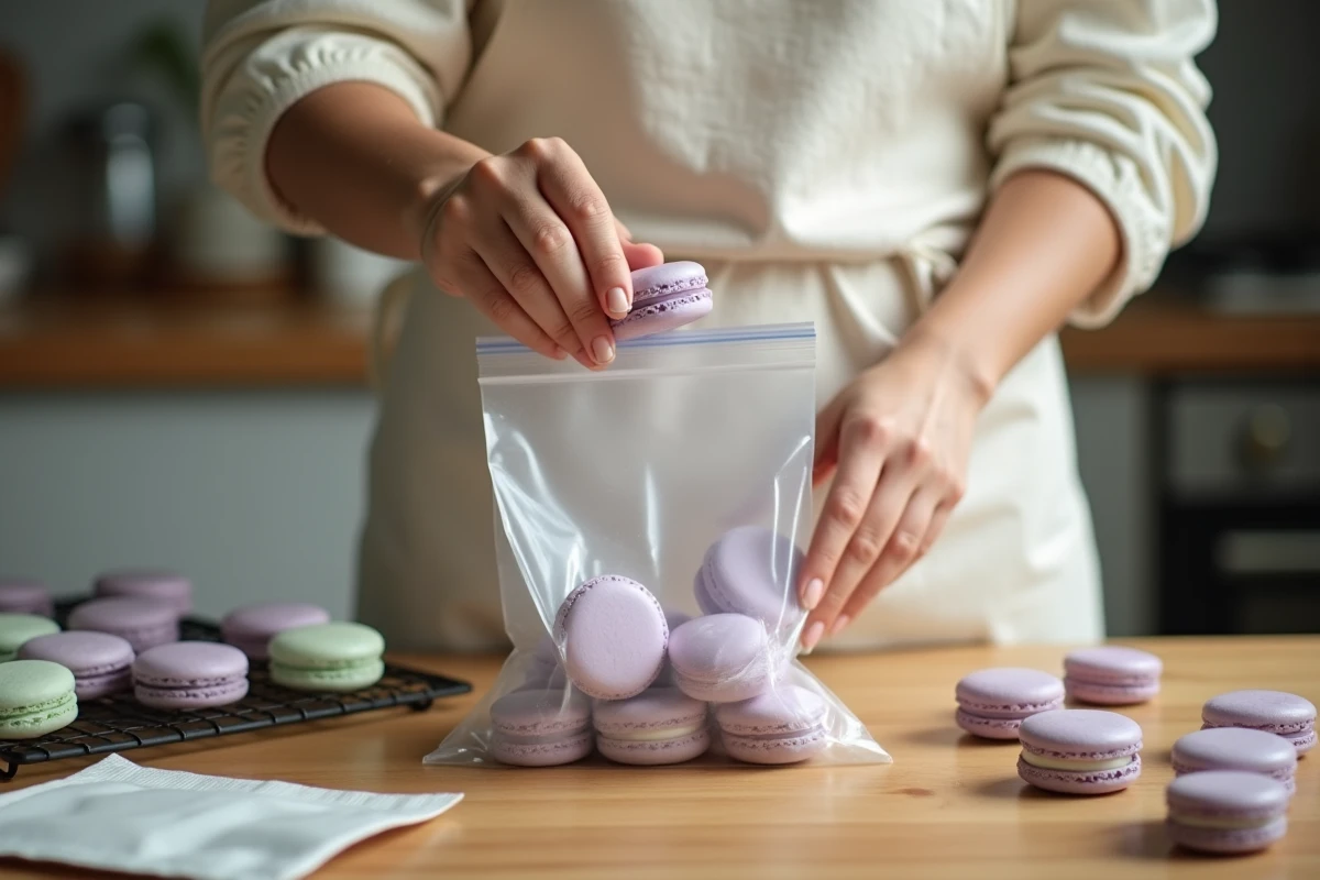 Femme rangeant des coques de macarons vides dans un sachet congélation pour éviter qu'elles ramollissent