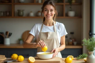 Femme préparant une tarte au citron express dans une cuisine maison avec des citrons frais et un zesteur sur un plan de travail en bois