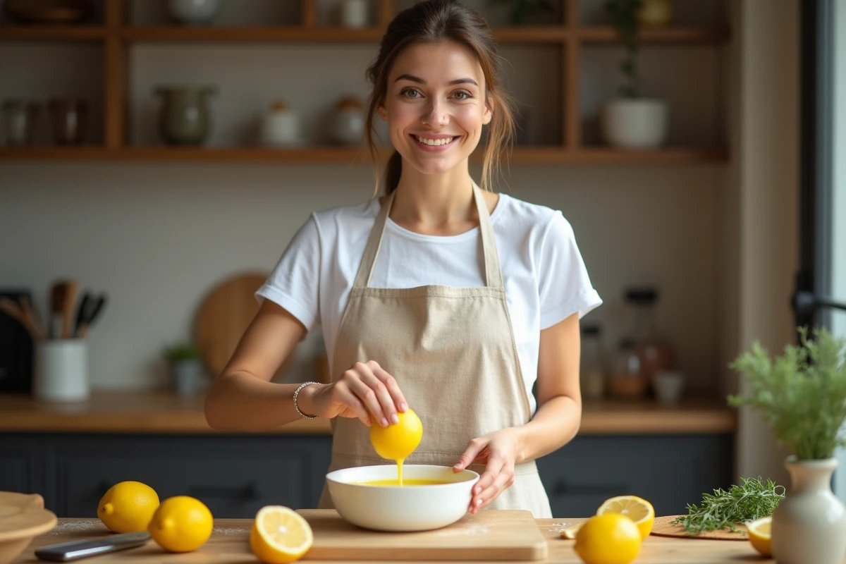 Femme préparant une tarte au citron express dans une cuisine maison avec des citrons frais et un zesteur sur un plan de travail en bois