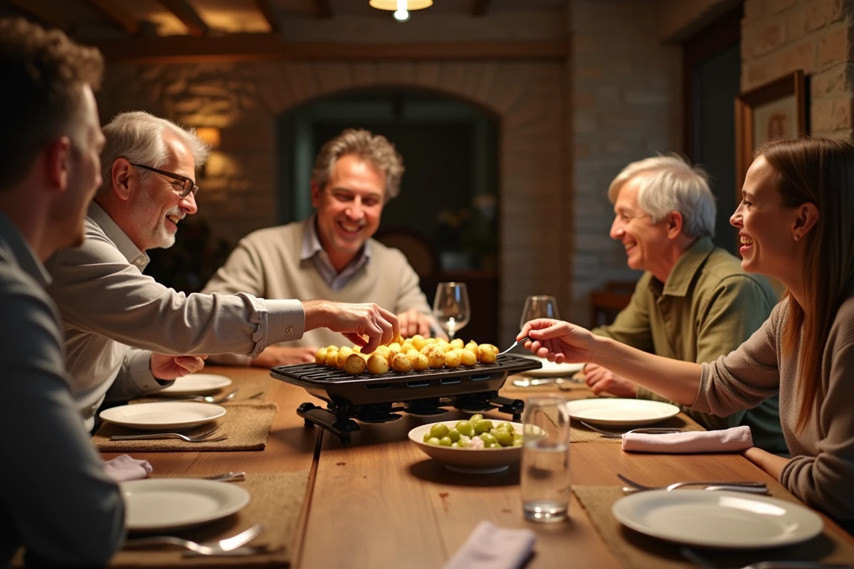 Tablée conviviale autour d'un appareil à raclette avec pommes de terre au four dans une salle à manger chaleureuse