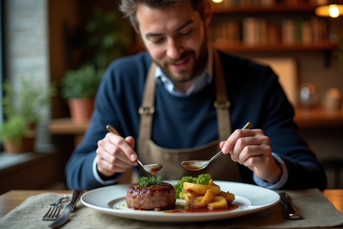 Homme dégustant un filet mignon avec légumes en repas maison