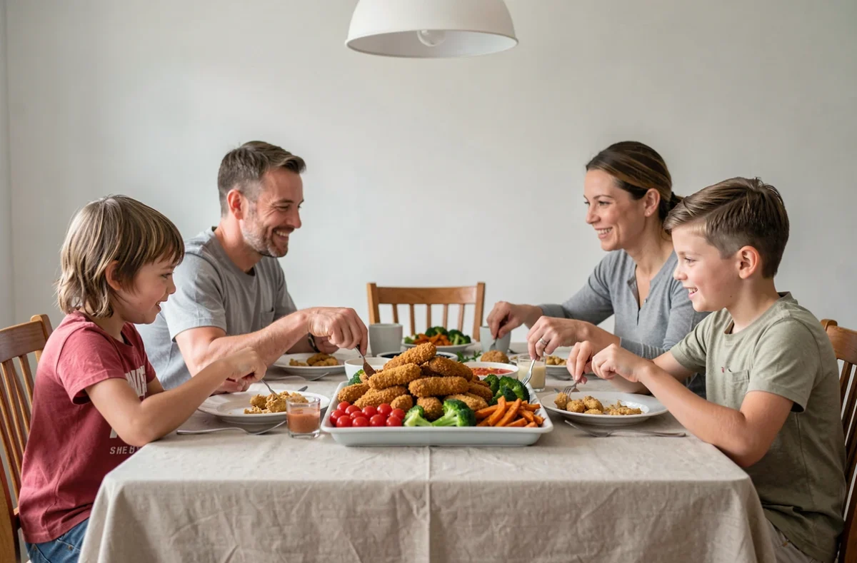 Famille partageant un repas convivial avec des tenders de poulet croustillants sans gluten et des légumes autour d'une table en bois