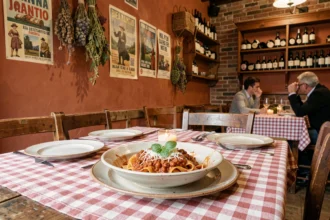 Intérieur chaleureux d'un restaurant italien dans les Hauts-de-France avec pâtes maison et décoration rustique