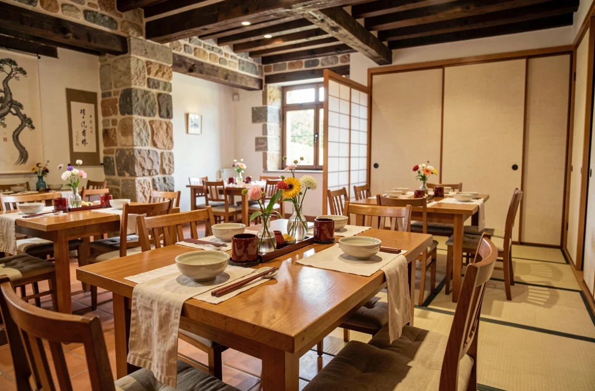 Salle de restaurant japonais en Nouvelle-Aquitaine avec décoration minimaliste et touches basques