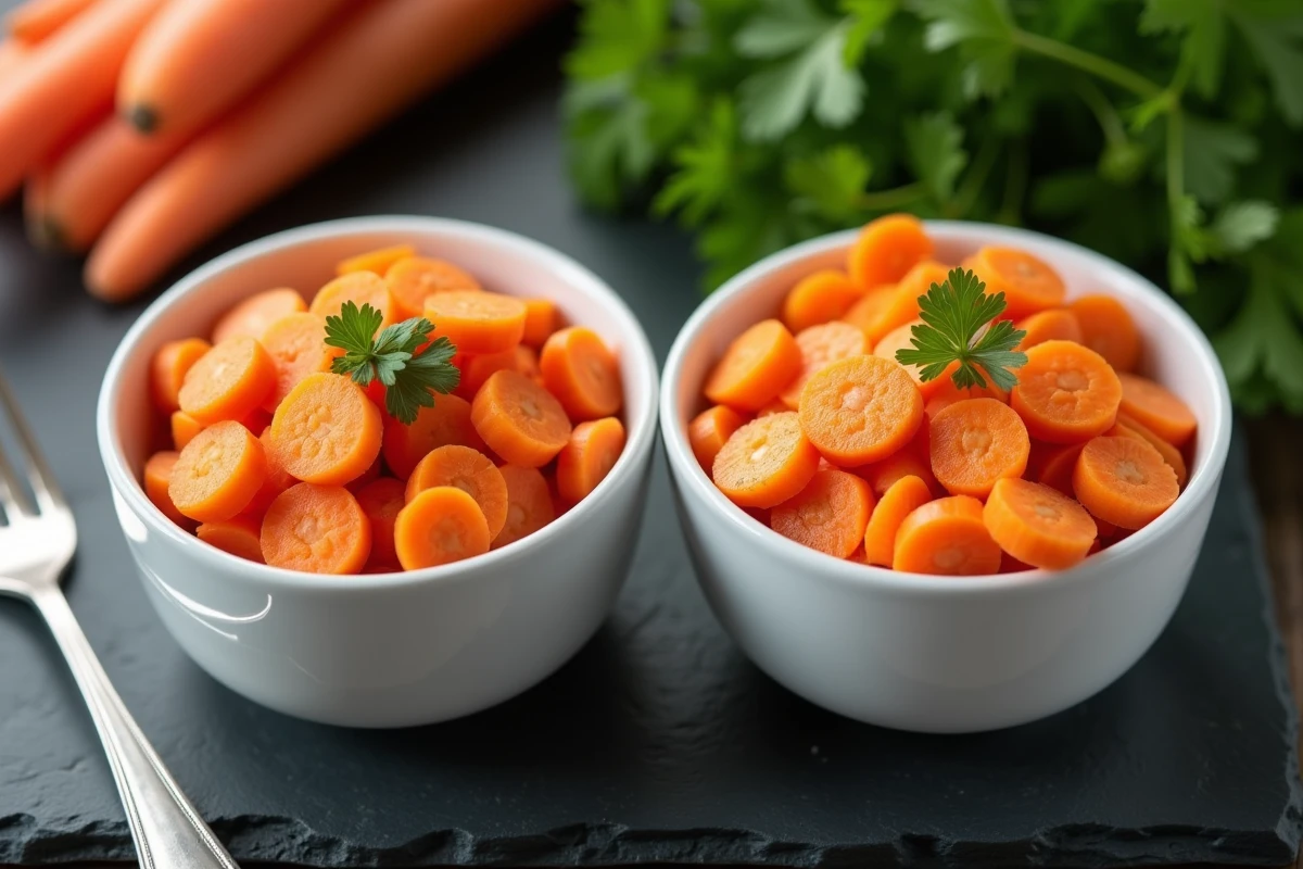 Deux bols de carottes cuites comparant la texture et la couleur des carottes fraîches versus surgelées après cuisson