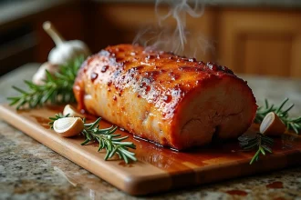 Rôti de porc moelleux doré sorti de l'airfryer posé sur une planche en bois avec romarin et ail