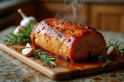 Rôti de porc moelleux doré sorti de l'airfryer posé sur une planche en bois avec romarin et ail