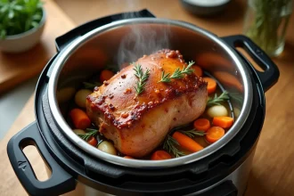 Rôti de porc doré dans un Cookeo ouvert avec carottes, oignons et thym, version légère et savoureuse