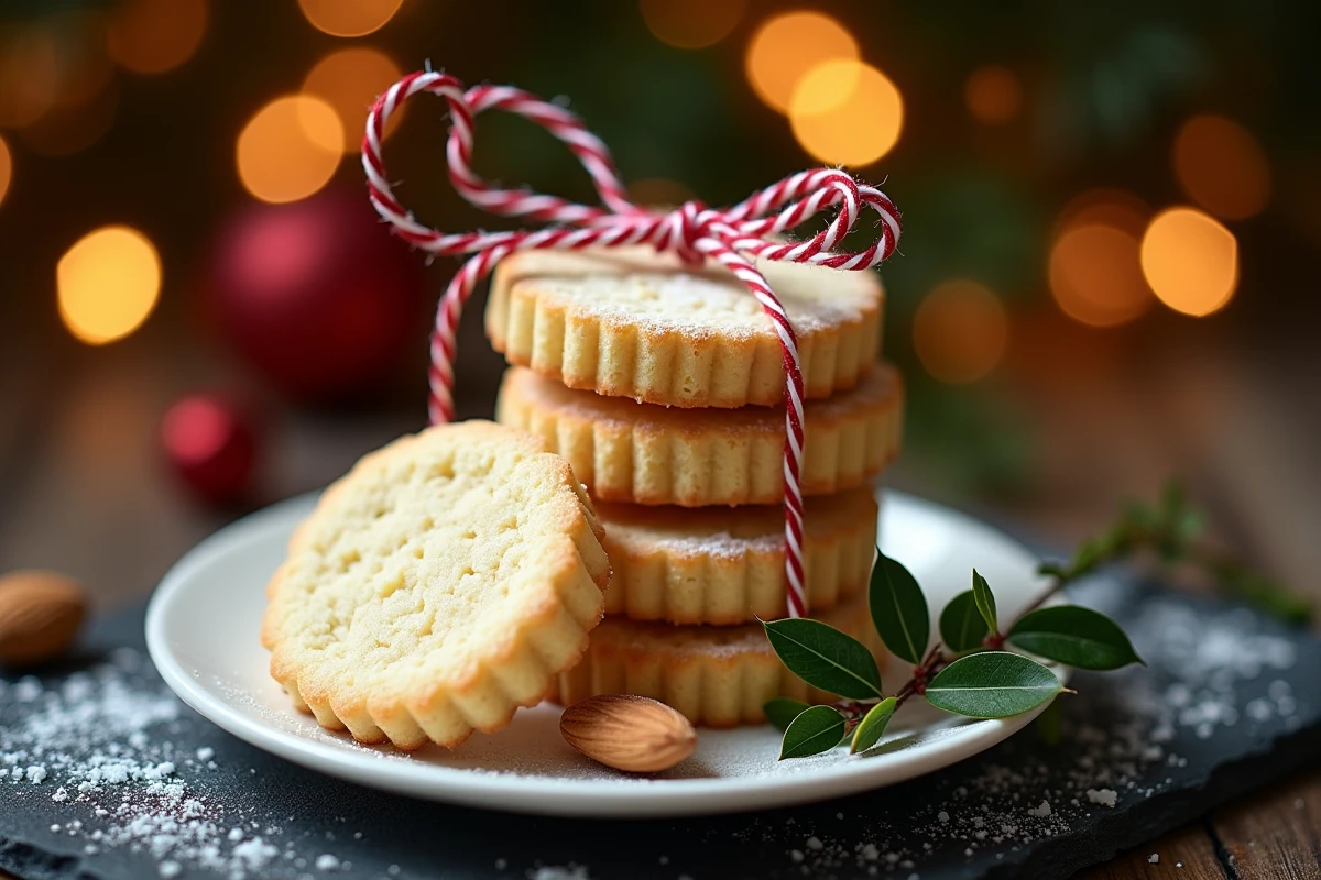 Sablés de Noël à l'amande dorés attachés avec une ficelle rouge sur ardoise noire avec houx et sucre glace pour présentation festive