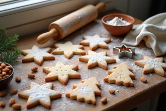 Sablés de Noël en forme d'étoile et de sapin saupoudrés de sucre glace sur une table en bois rustique avec emporte-pièces et amandes