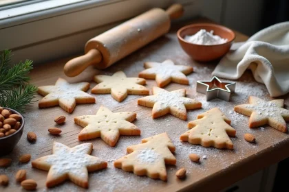 Sablés de Noël en forme d'étoile et de sapin saupoudrés de sucre glace sur une table en bois rustique avec emporte-pièces et amandes