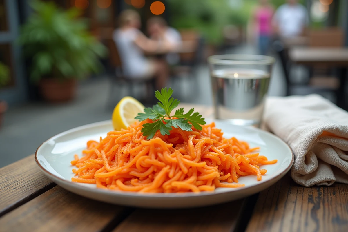 Salade de carottes râpées sur une table en terrasse
