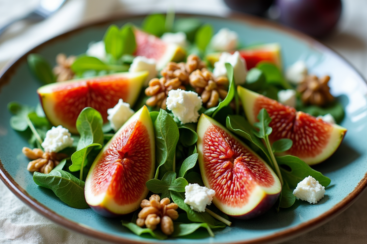 Salade de figues avec roquette fromage et noix