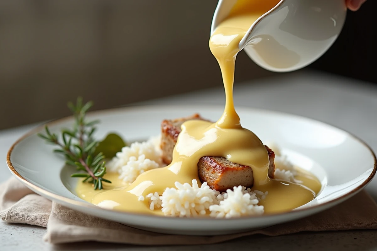 Sauce blanquette de veau onctueuse versée sur du riz, gros plan macro sur la texture crémeuse