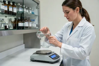 Scientifique en blouse blanche versant un liquide dans une balance de précision pour mesurer la conversion litre en kilogramme selon la densité