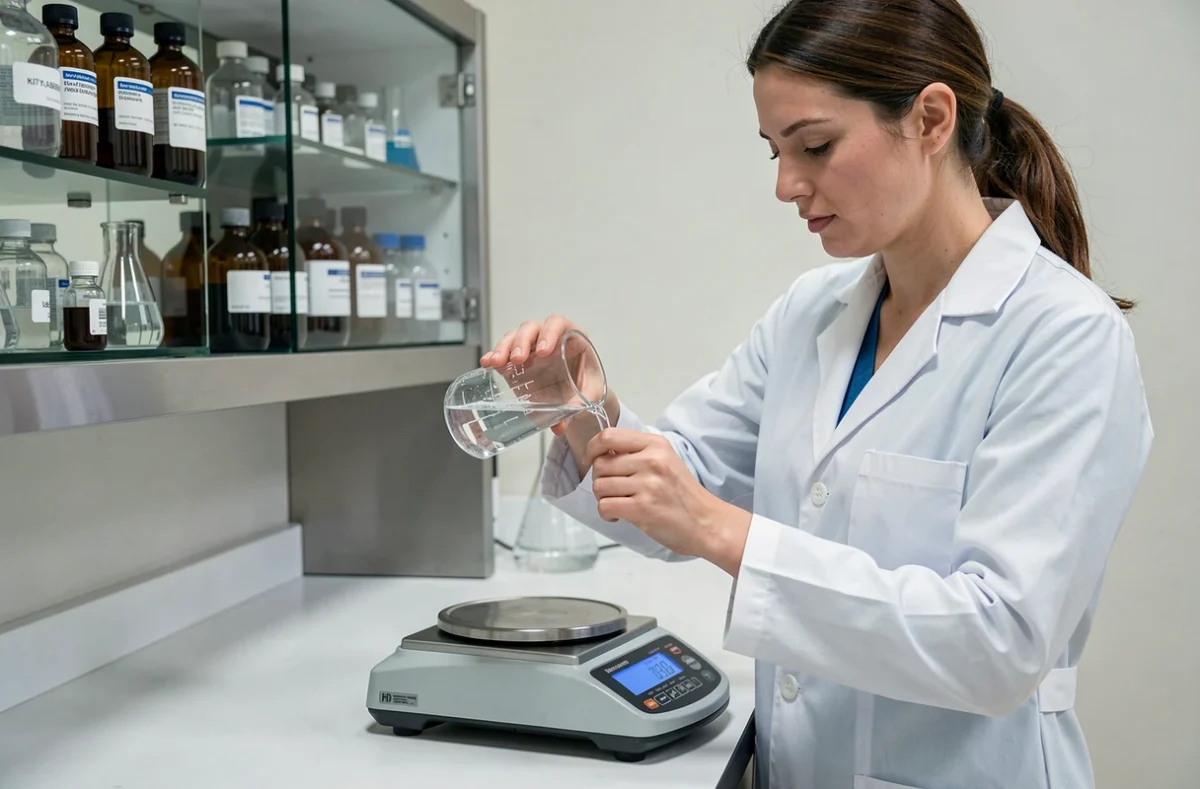 Scientifique en blouse blanche versant un liquide dans une balance de précision pour mesurer la conversion litre en kilogramme selon la densité