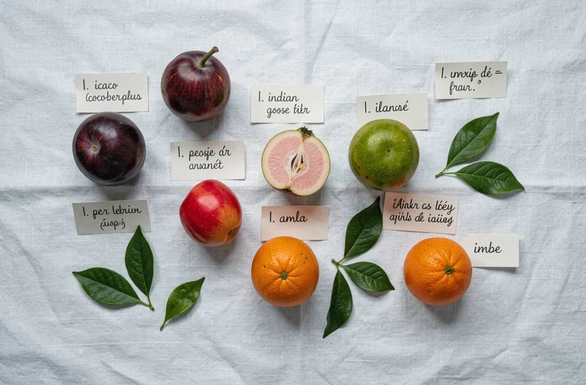 Vue de dessus d'une sélection de fruits commençant par la lettre I disposés sur un tissu blanc avec des étiquettes descriptives