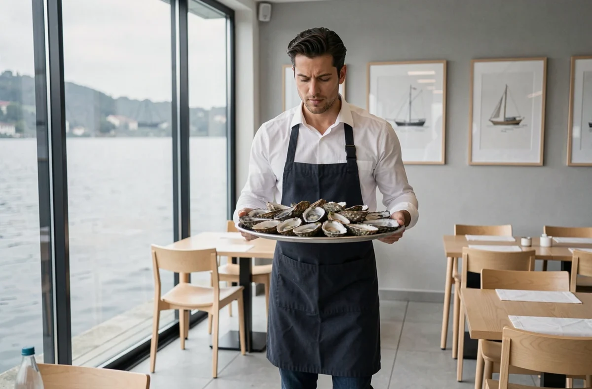 Serveur apportant un plateau d'huîtres fraîches en salle dans un restaurant du lac de Bordeaux