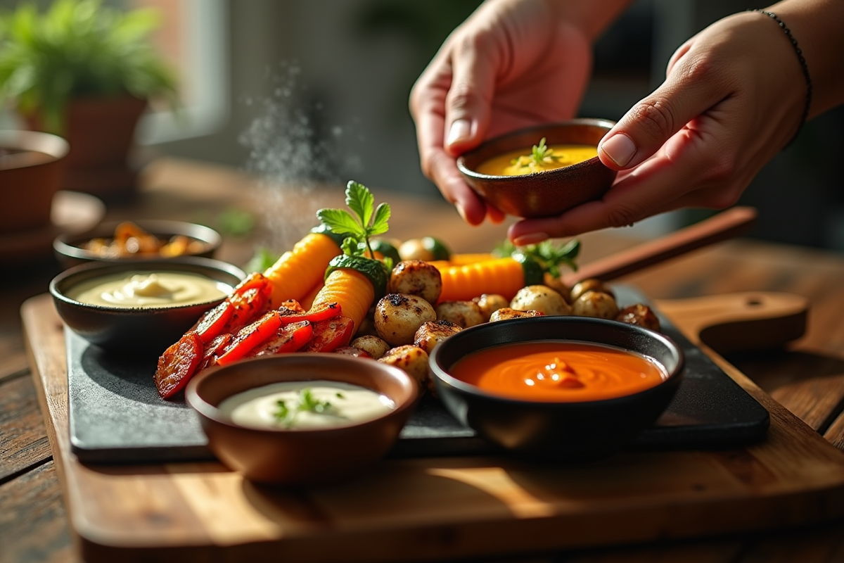 Mains servant légumes grillés et sauces créatives sur une table rustique