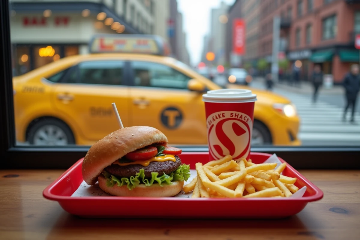 Repas Shake Shack avec frites et boisson sur fond de rue animée de Manhattan