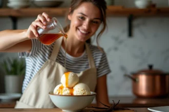 Femme versant un sirop caramel maison sur une glace vanille artisanale dans un bol en céramique rustique