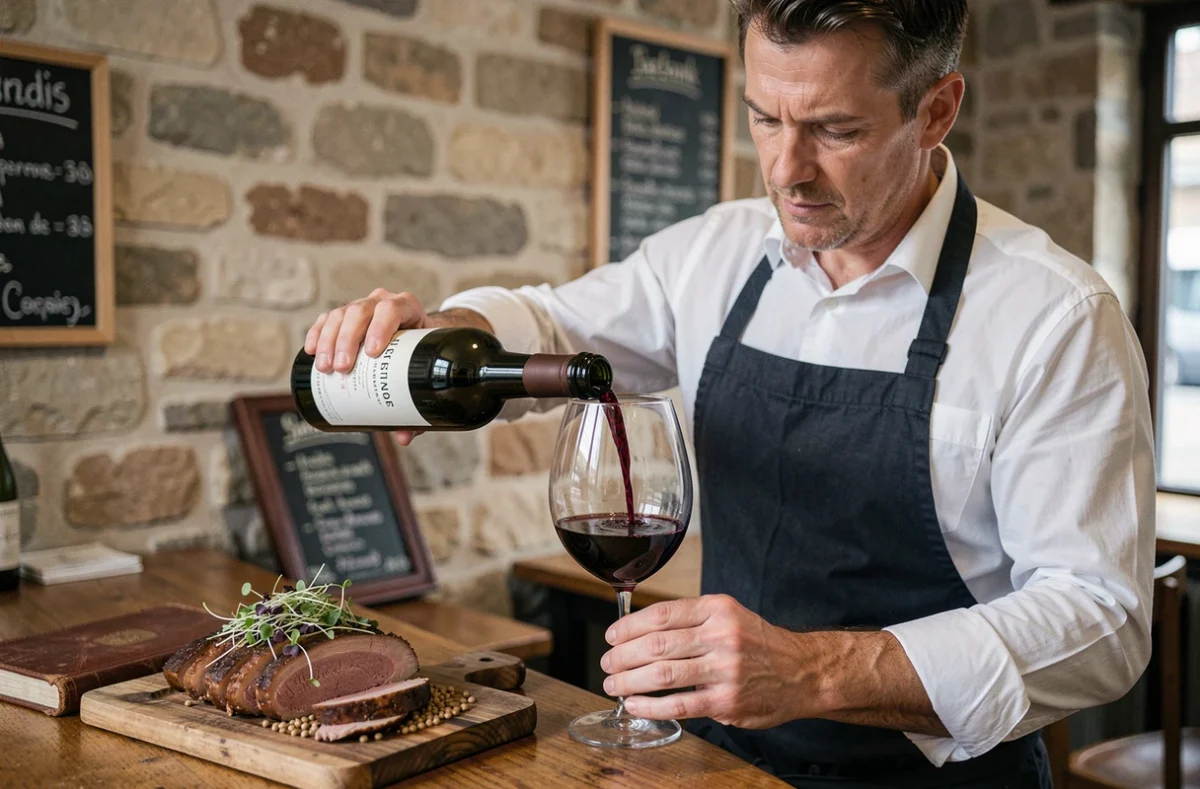 Sommelier versant un vin rouge Bourgogne accompagnant un confit de canard dans un bistrot français en pierre