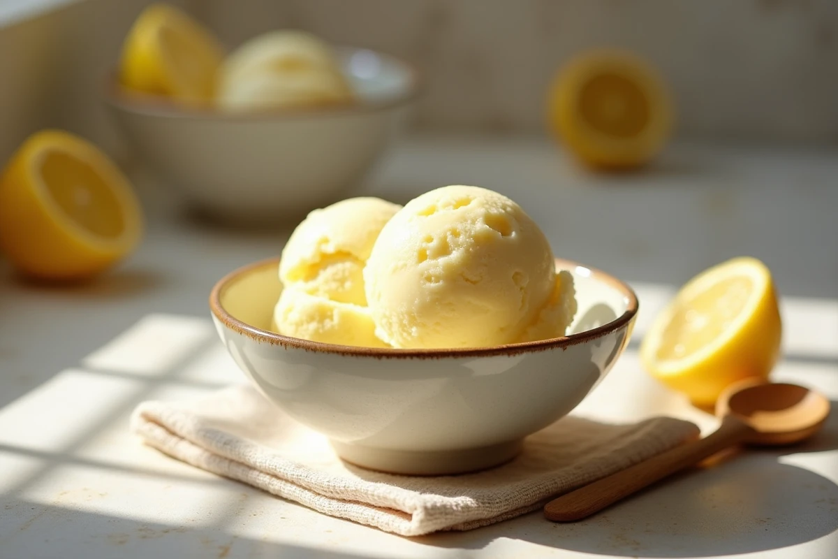 Boules de sorbet au citron dans un bol en céramique vintage sur un plan de travail en pierre ensoleillé