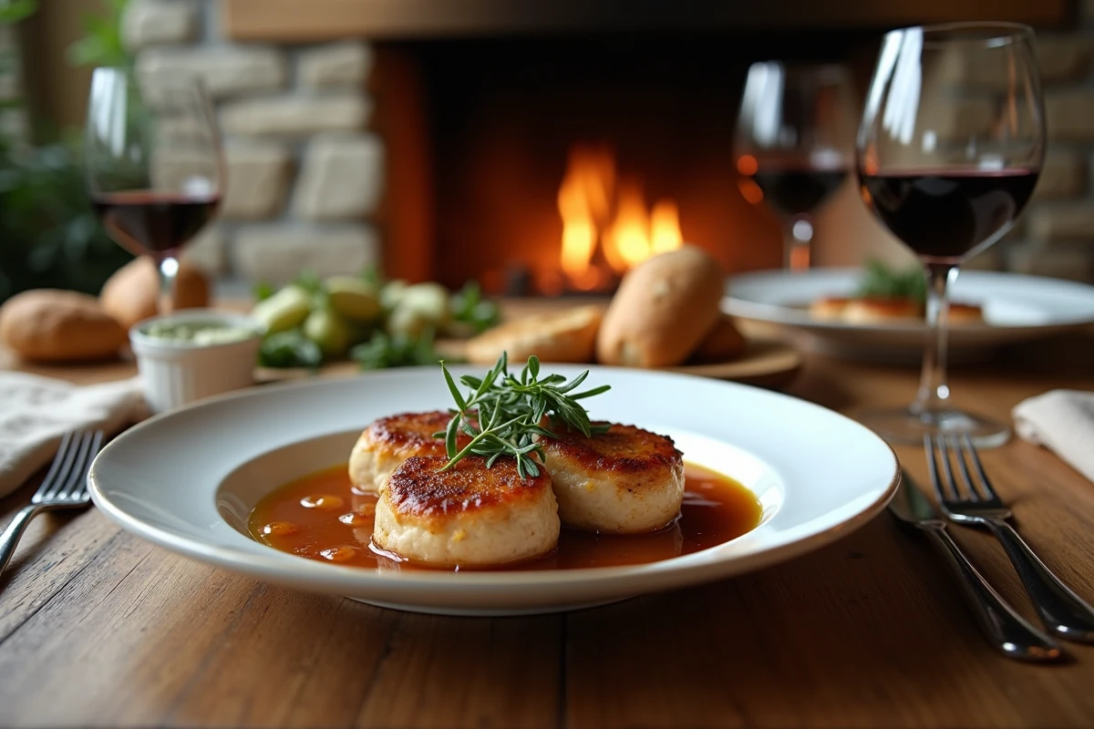 Table rustique avec crépinettes et sauce brillante
