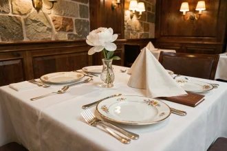 Table dressée avec élégance dans un restaurant étoilé de Lille, vaisselle en porcelaine dorée et couverts en argent sur nappe blanche immaculée