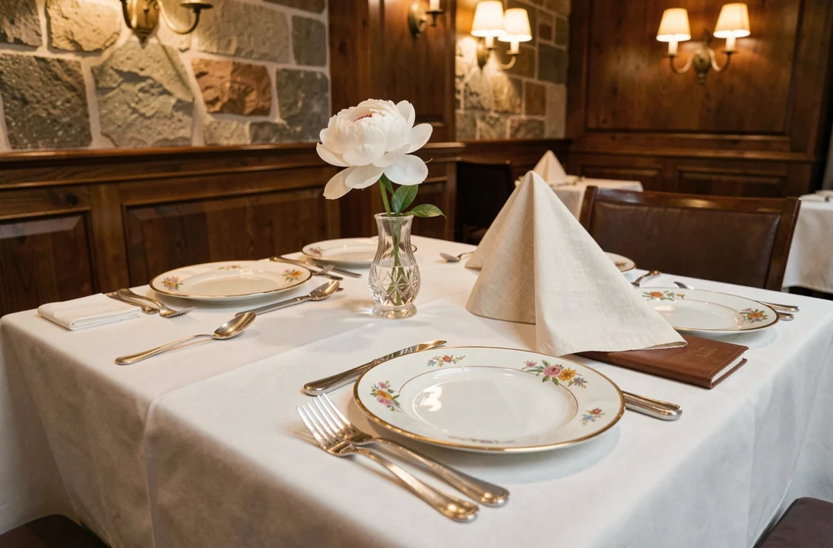 Table dressée avec élégance dans un restaurant étoilé de Lille, vaisselle en porcelaine dorée et couverts en argent sur nappe blanche immaculée