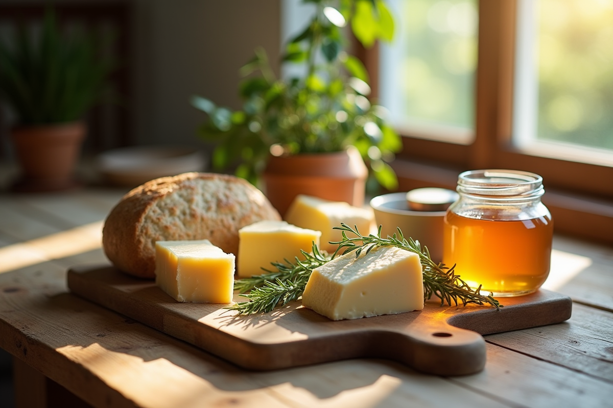 Table rustique avec fromages pain et miel dans une cuisine