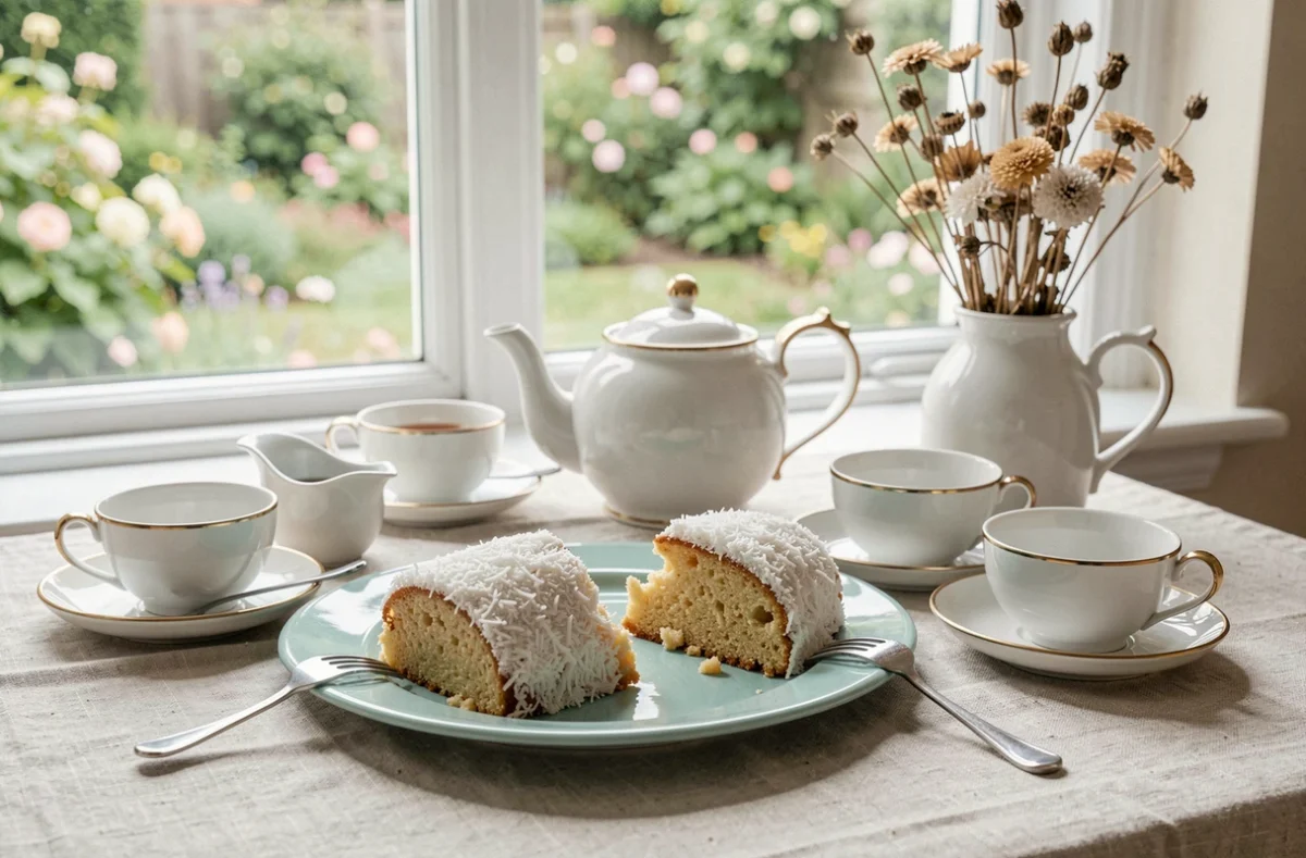 Table de goûter avec deux parts de gâteau à la noix de coco sur des assiettes bleues, théière vintage et fleurs séchées dans une ambiance chaleureuse