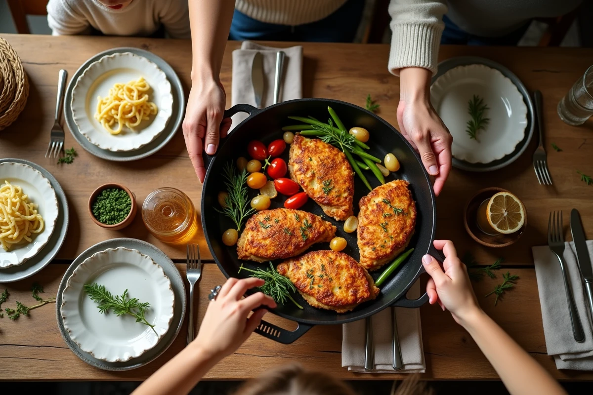 Gros plan sur mains servant poulet et légumes sur table rustique