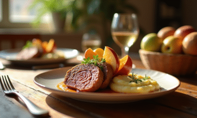 Table rustique avec boudin noir et pommes caramélisées