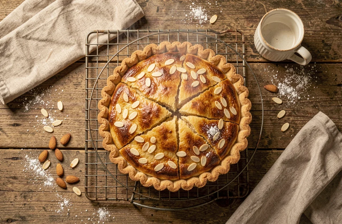 Tarte amandin dorée et caramélisée posée sur une grille de refroidissement entourée d'amandes effilées sur une table en bois