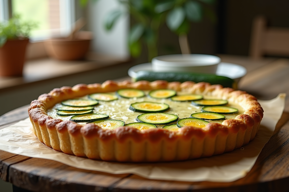 Tarte à la courgette fraîche tranchée sur table en bois