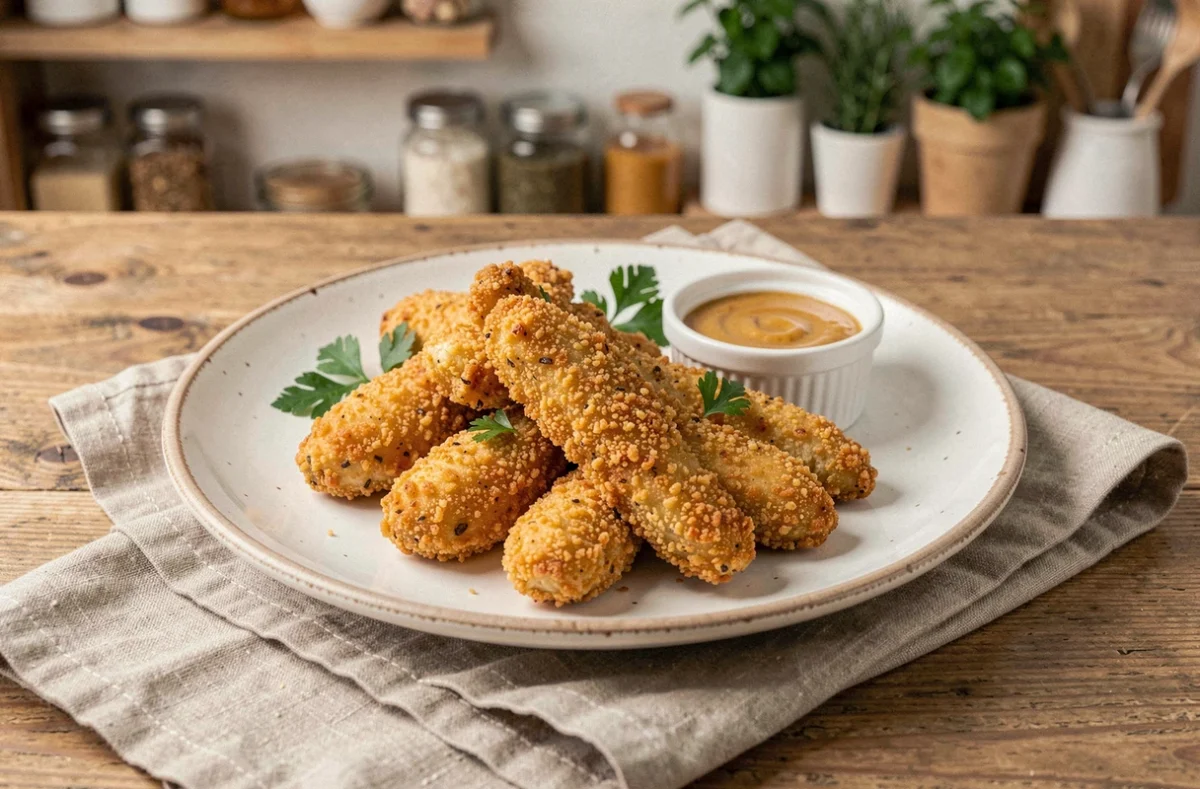 Assiette de tenders de poulet croustillants sans gluten sur une table en bois rustique avec sauce miel-moutarde